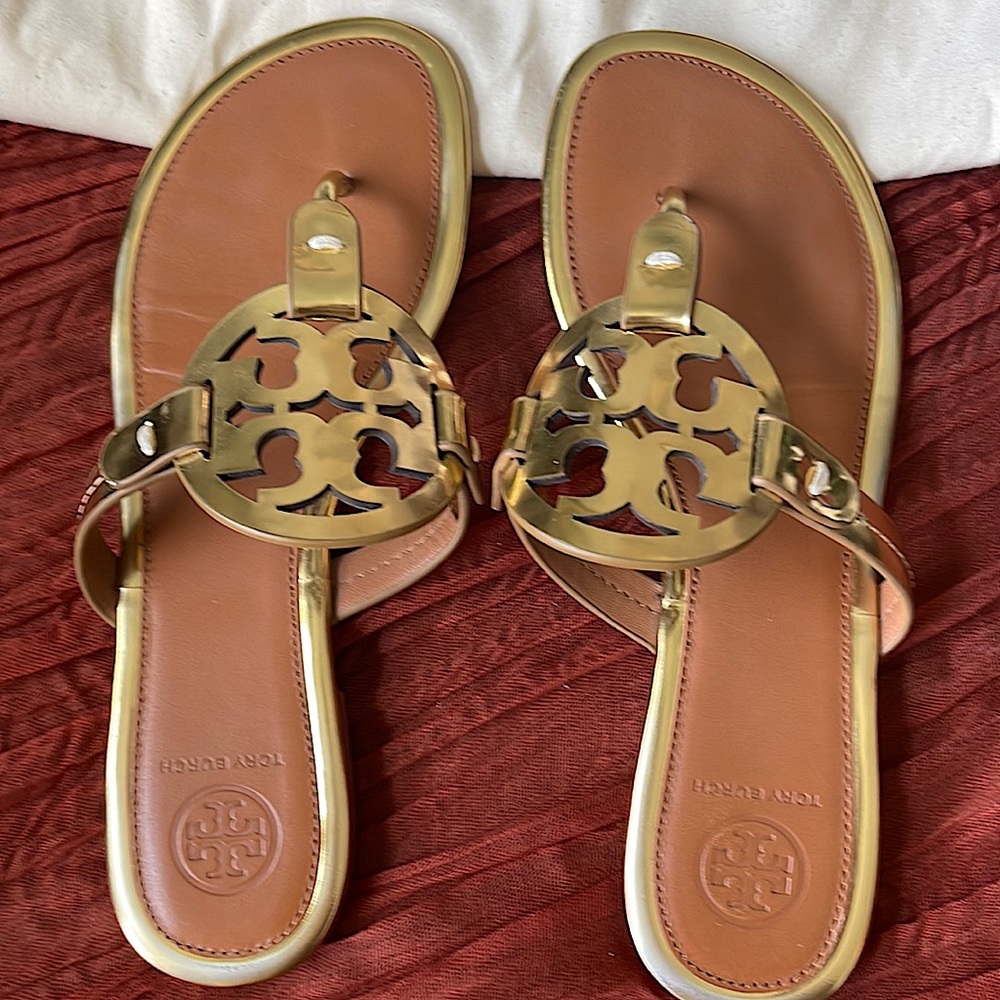 Tory Burch gold and tan Miller Sandals. Only worn a few times.